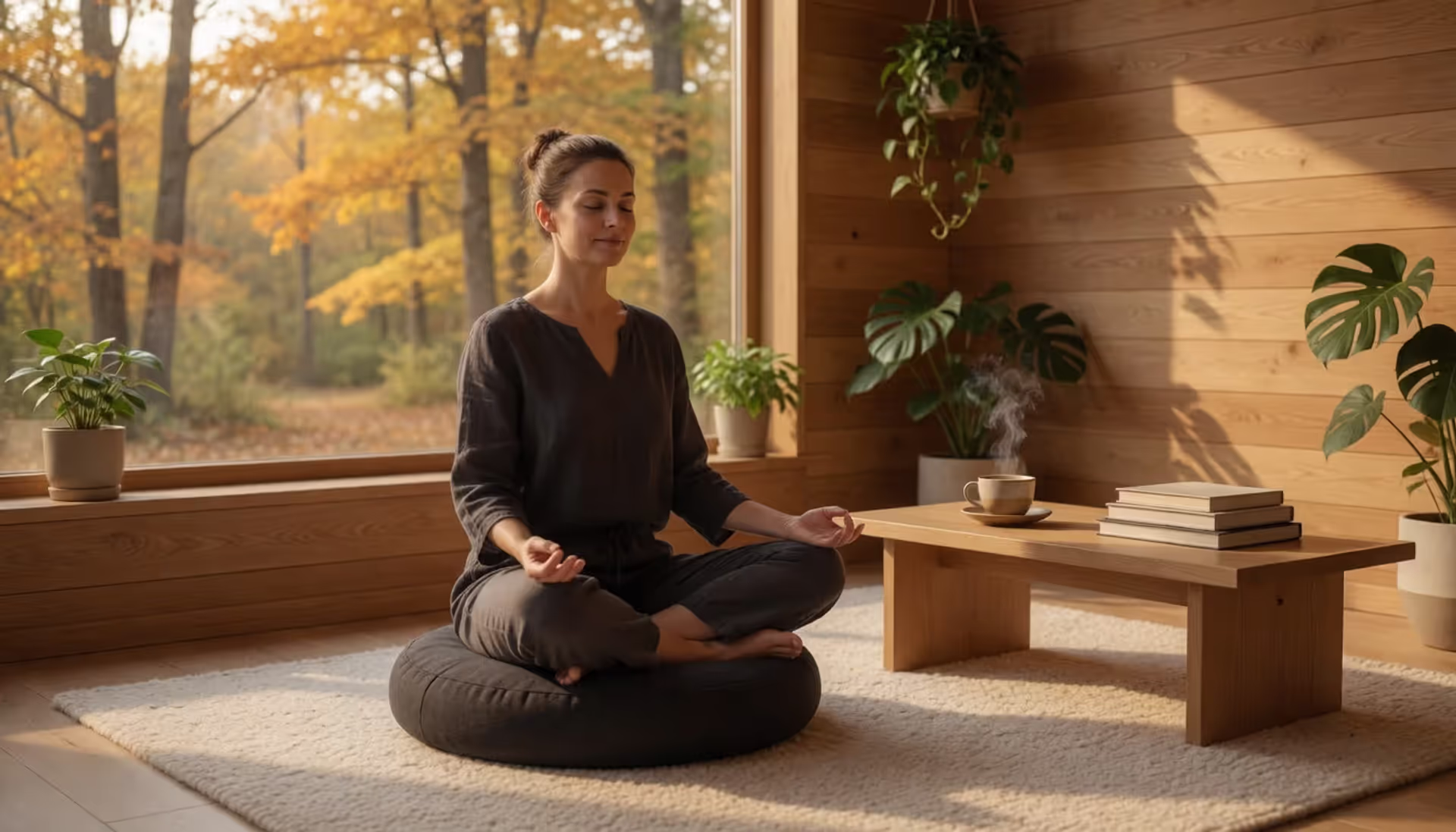 Person sitting cross-legged on a meditation cushion in a bright minimalist room with soft morning light streaming through a window