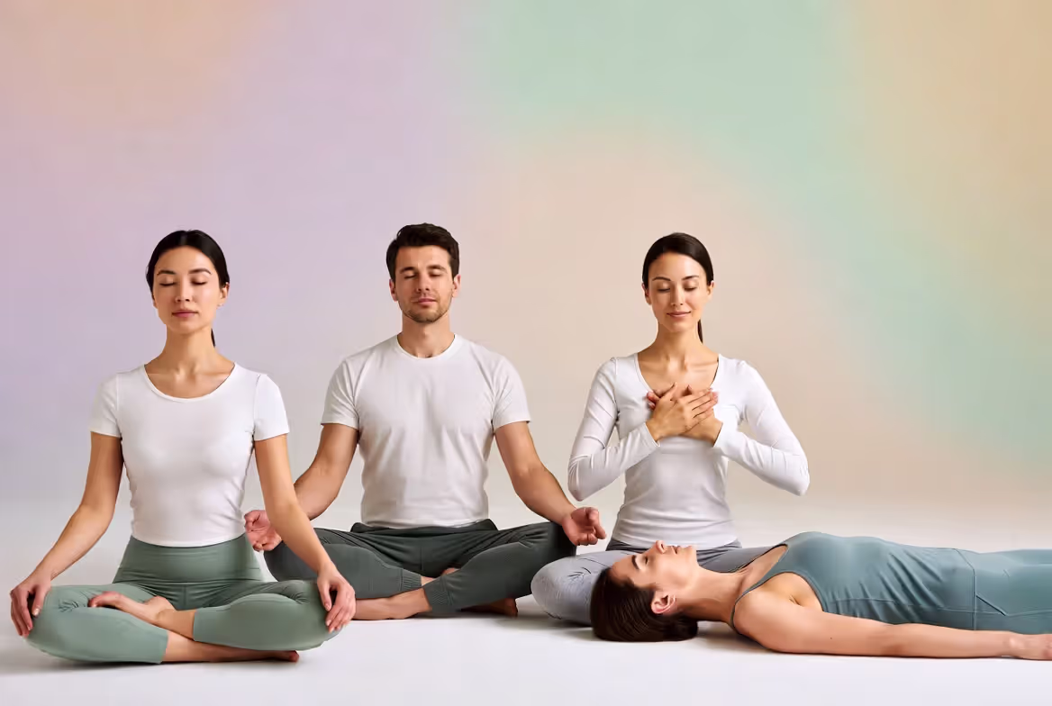 Four people demonstrating different meditation types side by side: mindfulness sitting, transcendental with mudra, loving-kindness with hands on heart, and body scan lying down, pastel background