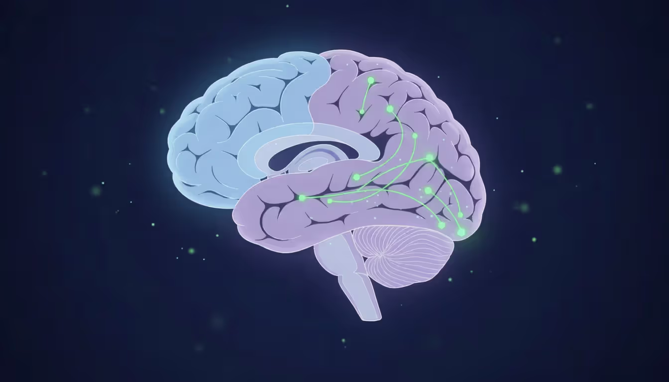 Scientific illustration of a human brain cross-section highlighting the prefrontal cortex, hippocampus, and default mode network in soft colors on a dark blue background