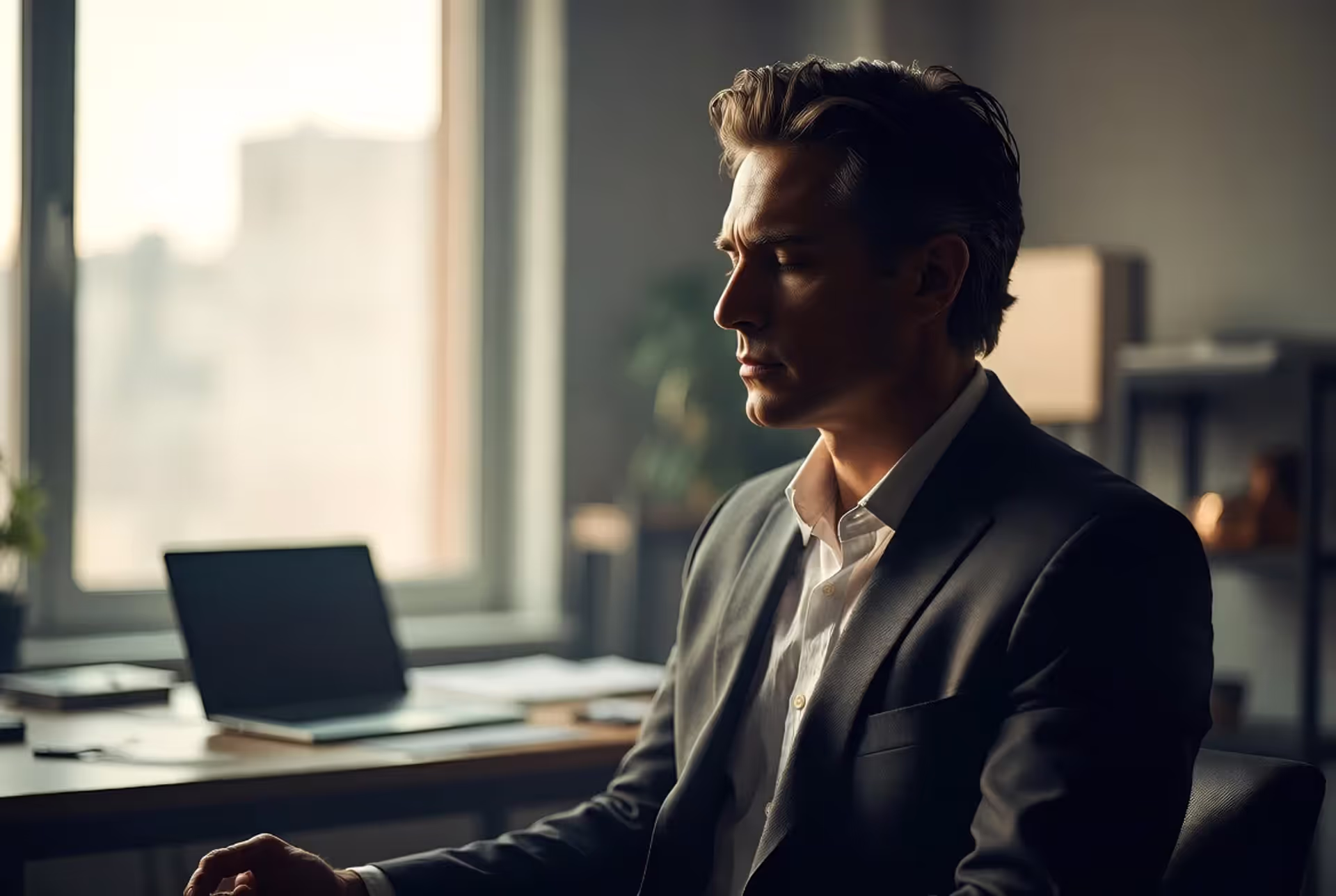 Professional in business attire sitting at modern office desk with closed eyes practicing meditation, laptop open in front, soft natural light from large window in background